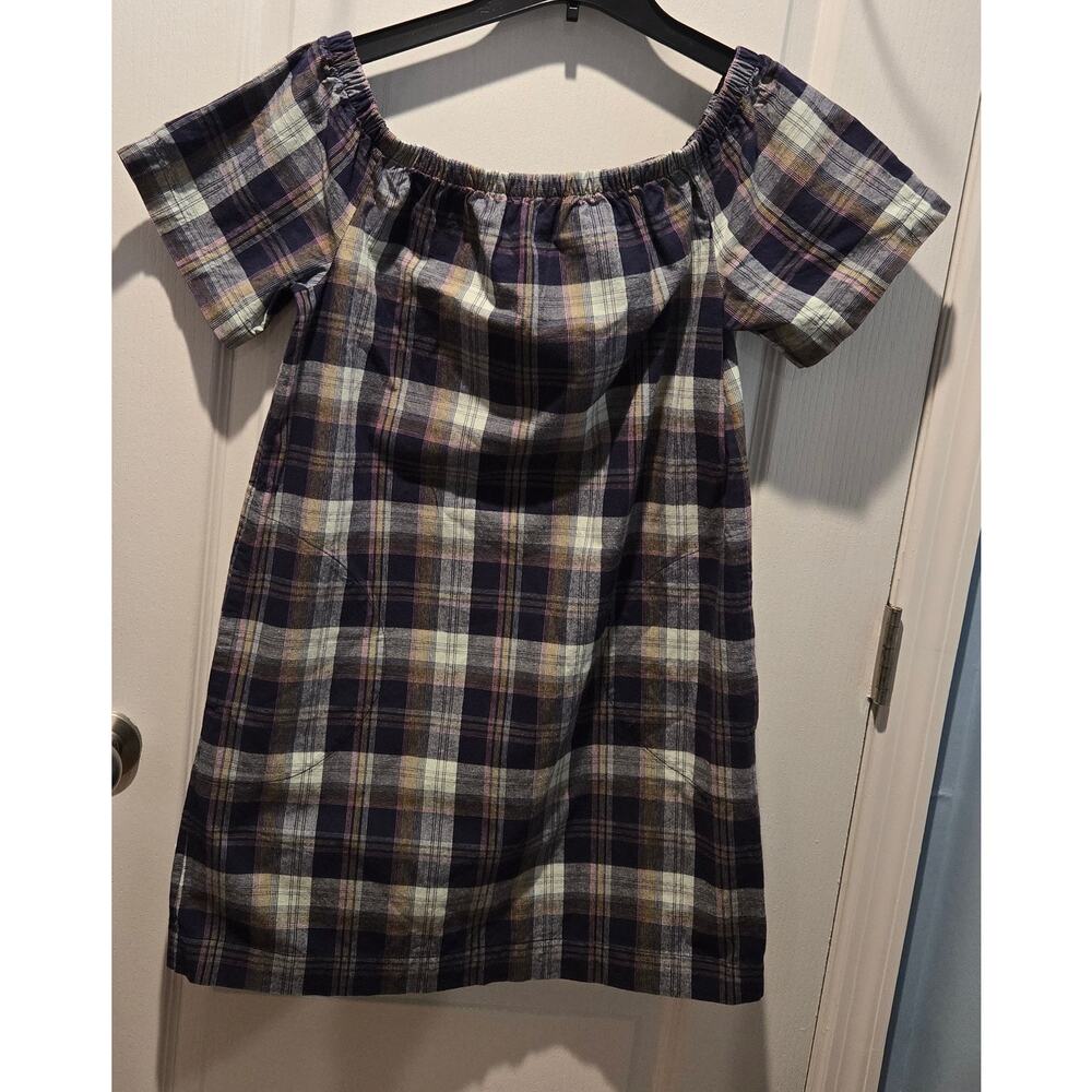 GAP Madras Blue Plaid sz S Dress pockets on off shoulder - Picture 2 of 8